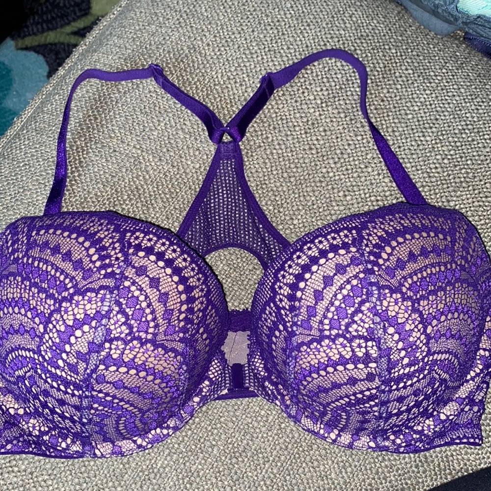 Victoria’s Secret push-up bra, purple lace, front closure, racerback, underwire